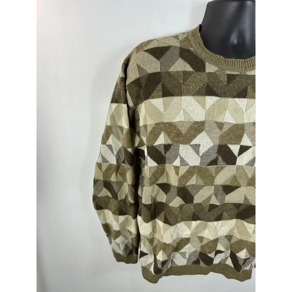 Vintage Geometric Print Wool Blend Crew Sweater Knit Brown Large Crazy Horse
